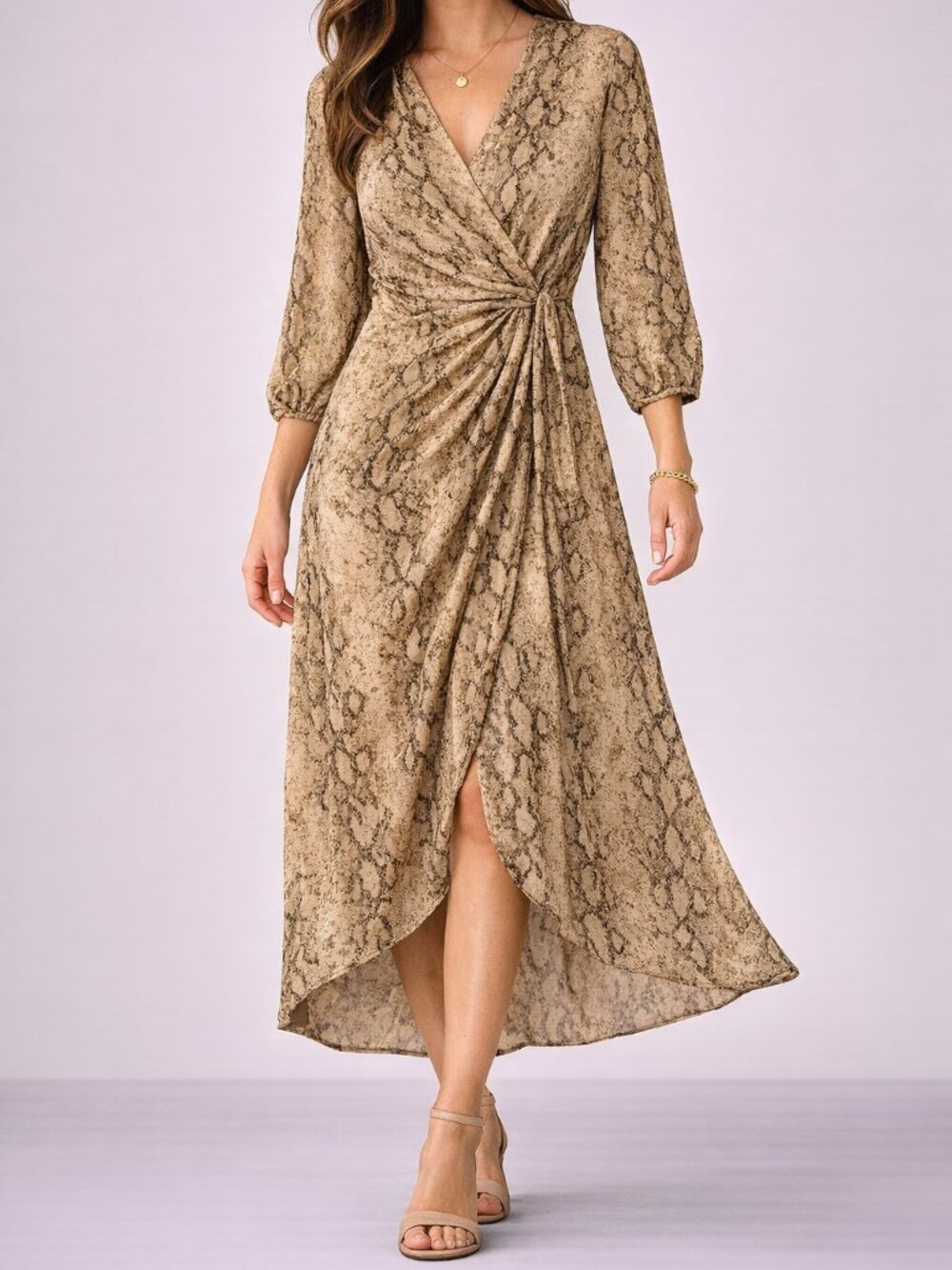 Zara Snakeskin Print Midi Dress Batwing Sleeve Elastic Waist Size Large - Picture 1 of 5